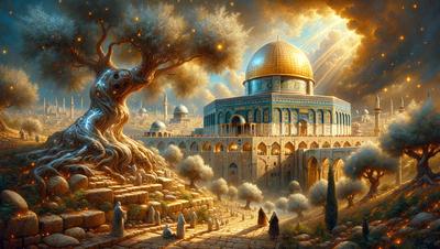 The primary subject of the image is a large, ornate building with a dome roof, which appears to be a mosque. The building is situated in a lush, green garden with a tree in the foreground. The setting is a beautiful, serene environment with a peaceful atmosphere. The visual style of the image is a digital art or illustration, showcasing intricate details and vibrant colors.